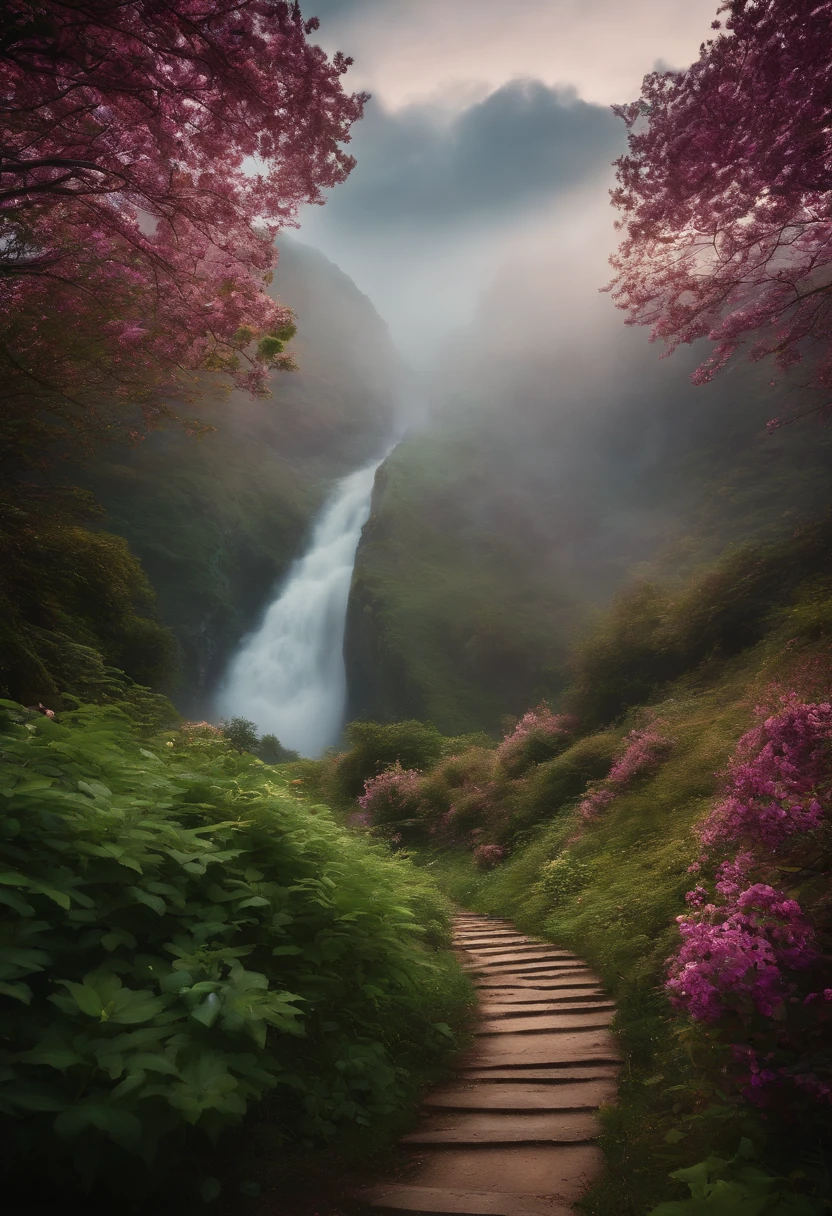 Photo taken from a distance on the path leading to the waterfall, blossoming path to heaven, Beautiful and mysterious, Beautiful fece, Beautiful images ever created, magical landscape, Glowing swirling mist, Truly beautiful nature, magical colors and atmosphere, Very beautifully、Ethereal, course, magical colors and atmosphere, very magical and dreamy, stairway to heaven, amazing wallpapers
