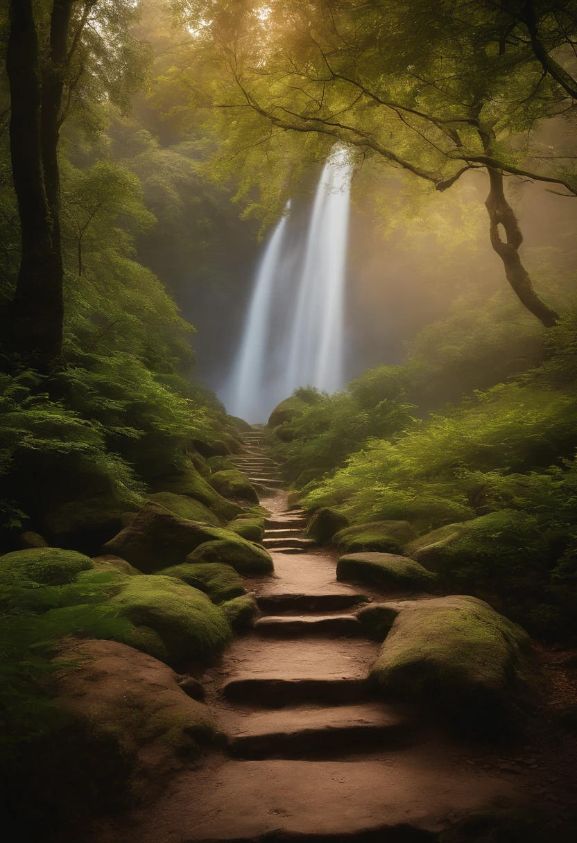 Photo taken from a distance on the path leading to the waterfall, blossoming path to heaven, Beautiful and mysterious, Beautiful fece, Beautiful images ever created, magical landscape, Glowing swirling mist, Truly beautiful nature, magical colors and atmosphere, Very beautifully、Ethereal, course, magical colors and atmosphere, very magical and dreamy, stairway to heaven, amazing wallpapers