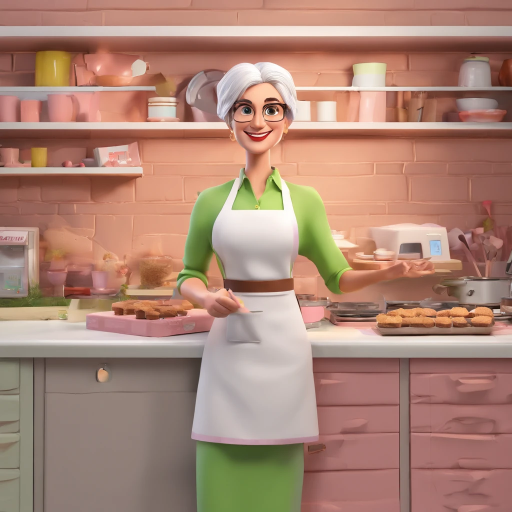 Illustration in pixar style of a white woman, 55 years old, dark green eyes, satisfied, with very short cropped platinum hair, wearing a white apron, pastel pink blouse, wrapping brownies on a counter with pieces of brownie with nuts, chocolate in drops, satin ribbons, kraft bags, tags, coffee cup, in a kitchen with shelves, exposed white brick, with a plaque decorated on the wall with the name "Da Loka Brownie" written in gold
