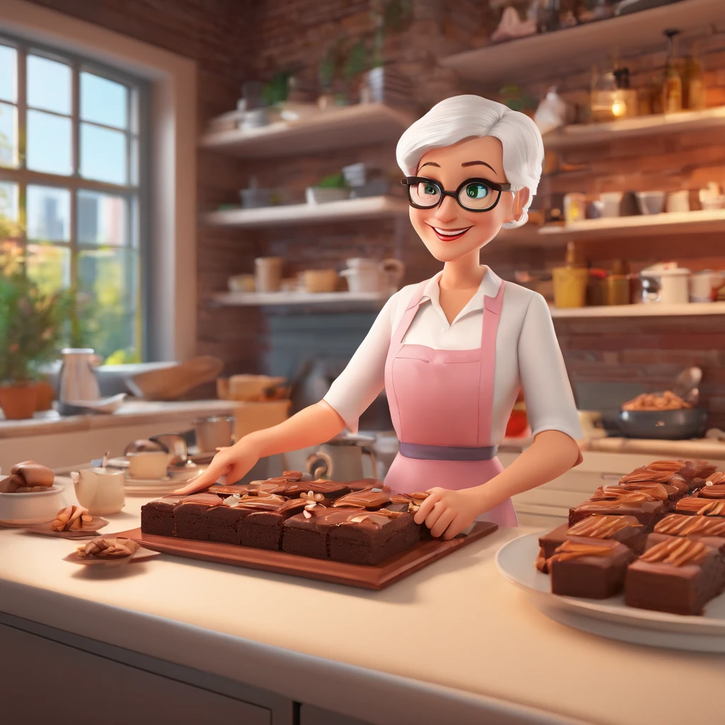 Illustration in pixar style of a white woman, 55 years old, dark green eyes, satisfied, with very short cropped platinum hair, wearing a white apron, pastel pink blouse, wrapping brownies on a counter with pieces of brownie with nuts, chocolate in drops, satin ribbons, kraft bags, tags, coffee cup, in a kitchen with shelves, exposed white brick, with a plaque decorated on the wall with the name "Da Loka Brownie" written in gold