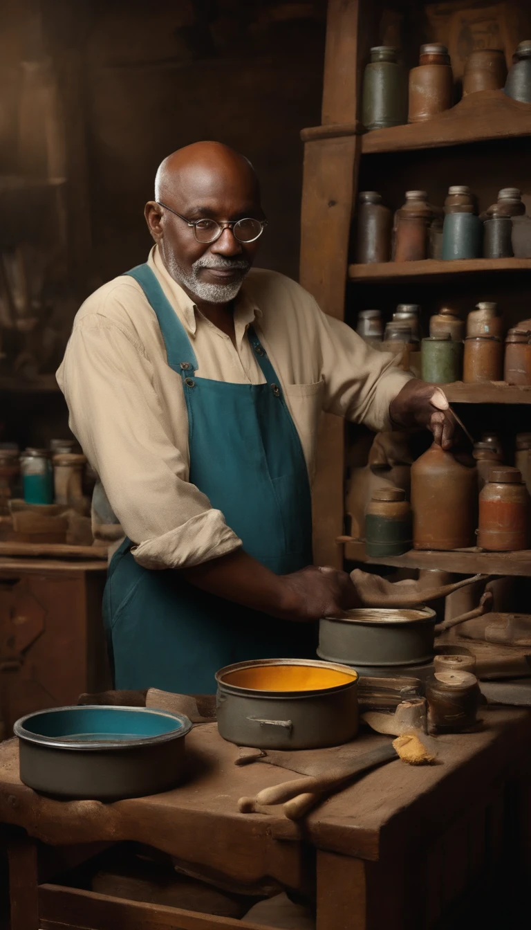 Criar homem, negro, 58 years in front standing, bald man wearing glasses, Medium size grizzled, vestindo um avental sujo de tinta, holding a pot of paint in one hand and a cloth of ink in the other hand, In the background, there is a cabinet with several cans of paints and accessories for printing, no estilo Pixar Disney