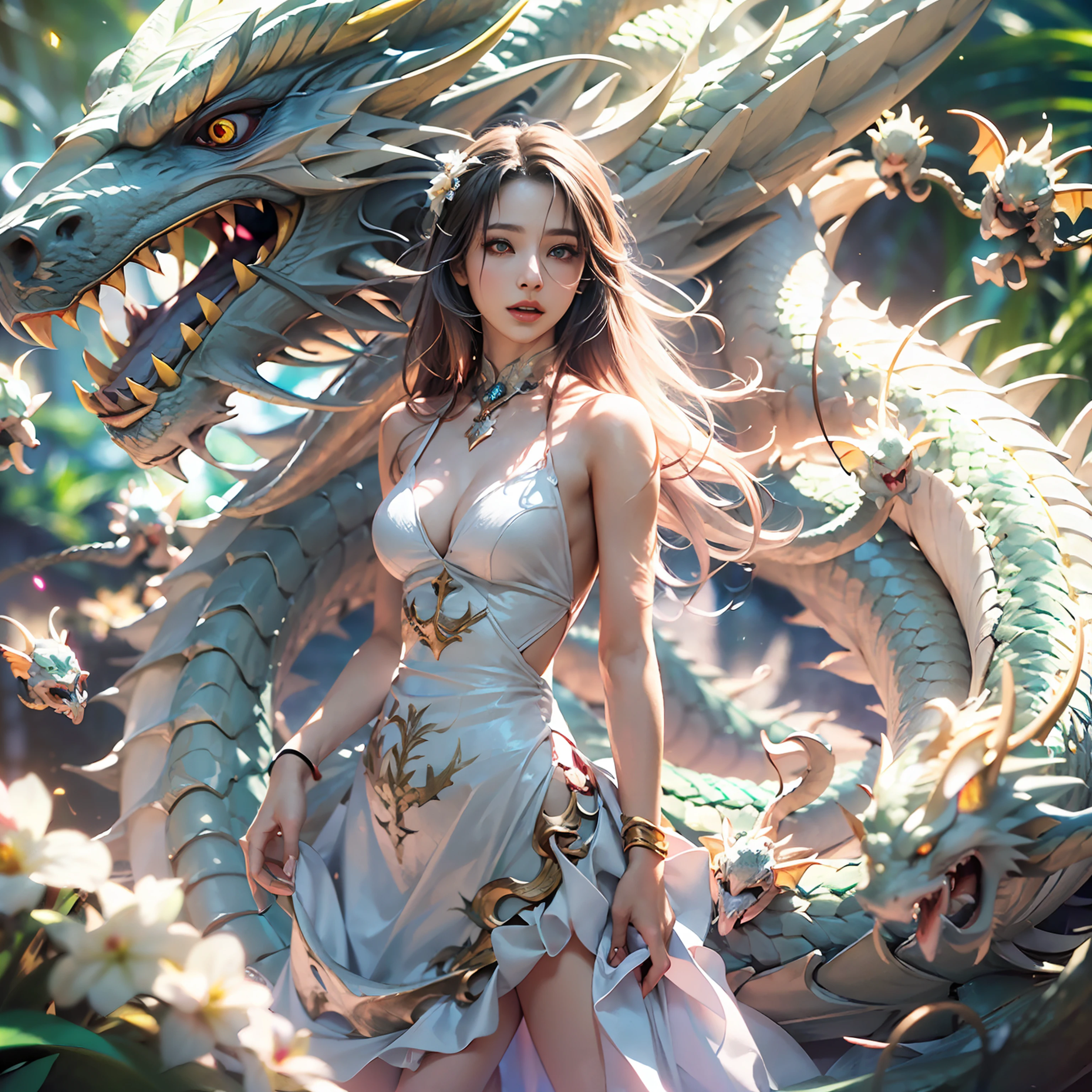 dragon_real,(extremely detailed CG unity 8k wallpaper,masterpiece, best quality, ultra-detailed, beautiful detailed eyes:1.2),best illumination, (best shadow, an extremely delicate and beautiful, bloom),the girl was surrounded by dragons, (1girl:1.4),breasts, solo,full body,Back tattoo,white dress,(color dragon:1.4),Bare leg,long dress,