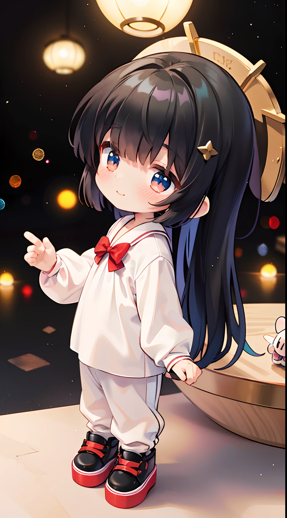 Place the small doll on a circular stand、A smile、Chibi Doll、Stars in the eyes(kirakira)、Raise your right hand、Eye Up、Long Black Hair、Laugh、Cute red shoes、Ultra Detail, radiant light、bio luminescent、Taken from the side、Stronger bokeh effect