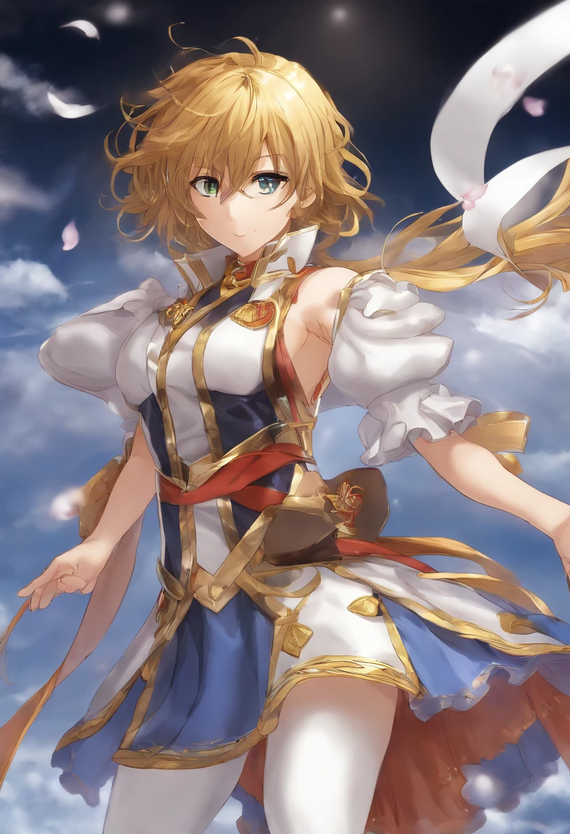master part, best quality,, Sakura Bakushin o (Umamusume),,  (Close-up:1.2), chuva, Cloud, Nublado, Sombra,, Serious, arms up, Axilas, boca fechada, Segurar a boca,, Epaulettes, luvas pretas, Mangas, yellow neckerchief, camisa, amarrar o cabelo,