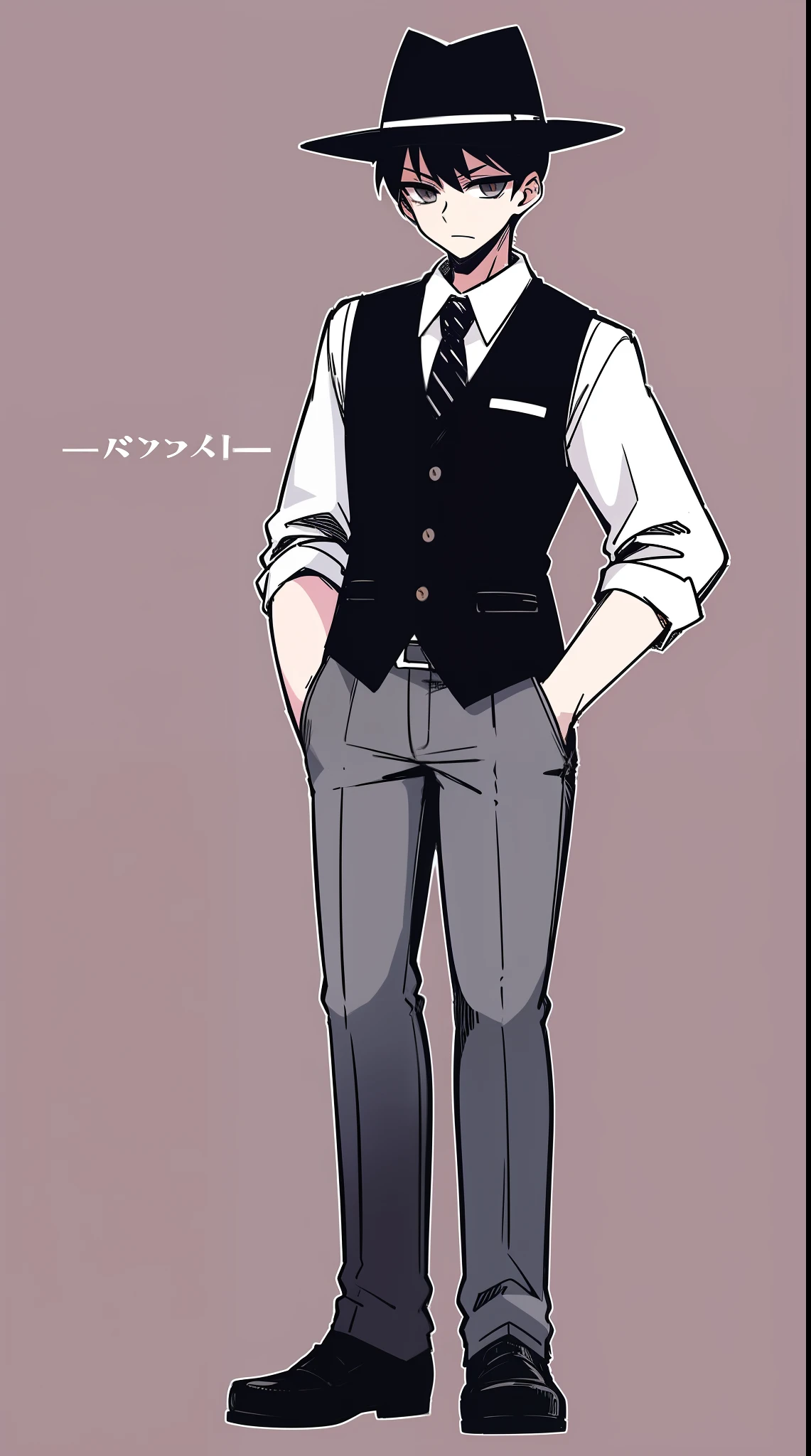 butler vest, pants white and black cloths, half bald , black hair, glass, hat, black cloths