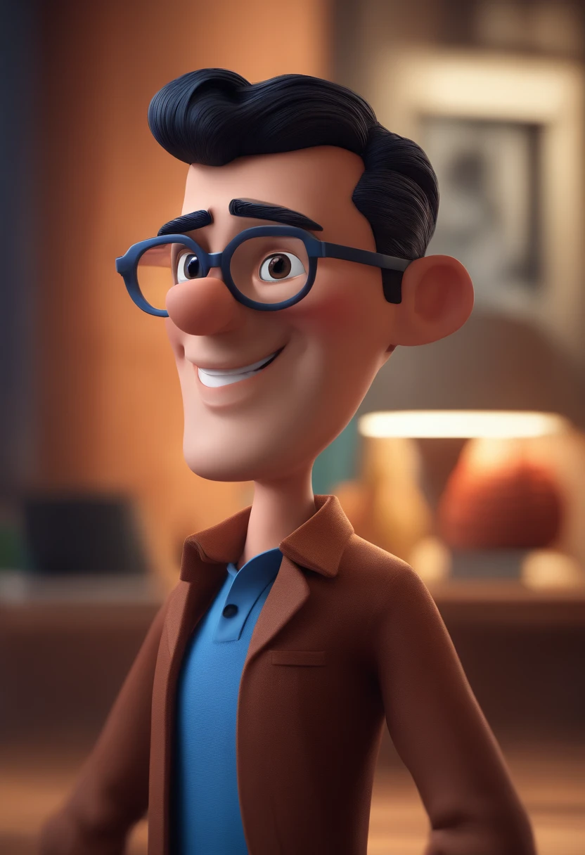 Cartoon character of a man with black glasses and a blue shirt, animation character, Caractere estilizado, animation style rendering, 3D estilizado, Arnold Maya render, 3 d render stylized, toon render keyshot, Personagem 3D, Personagem 3D, 3d rendering stylized, 3 d character render, personagem de desenho animado, Personagem de close up, Pose de personagem, (Estilo Pixar) (master part:1.2) (Bokeh) (best quality) (pele detalhada) (textura detalhada) (8k) (argila) (Cinematic lighting) (foco nítido