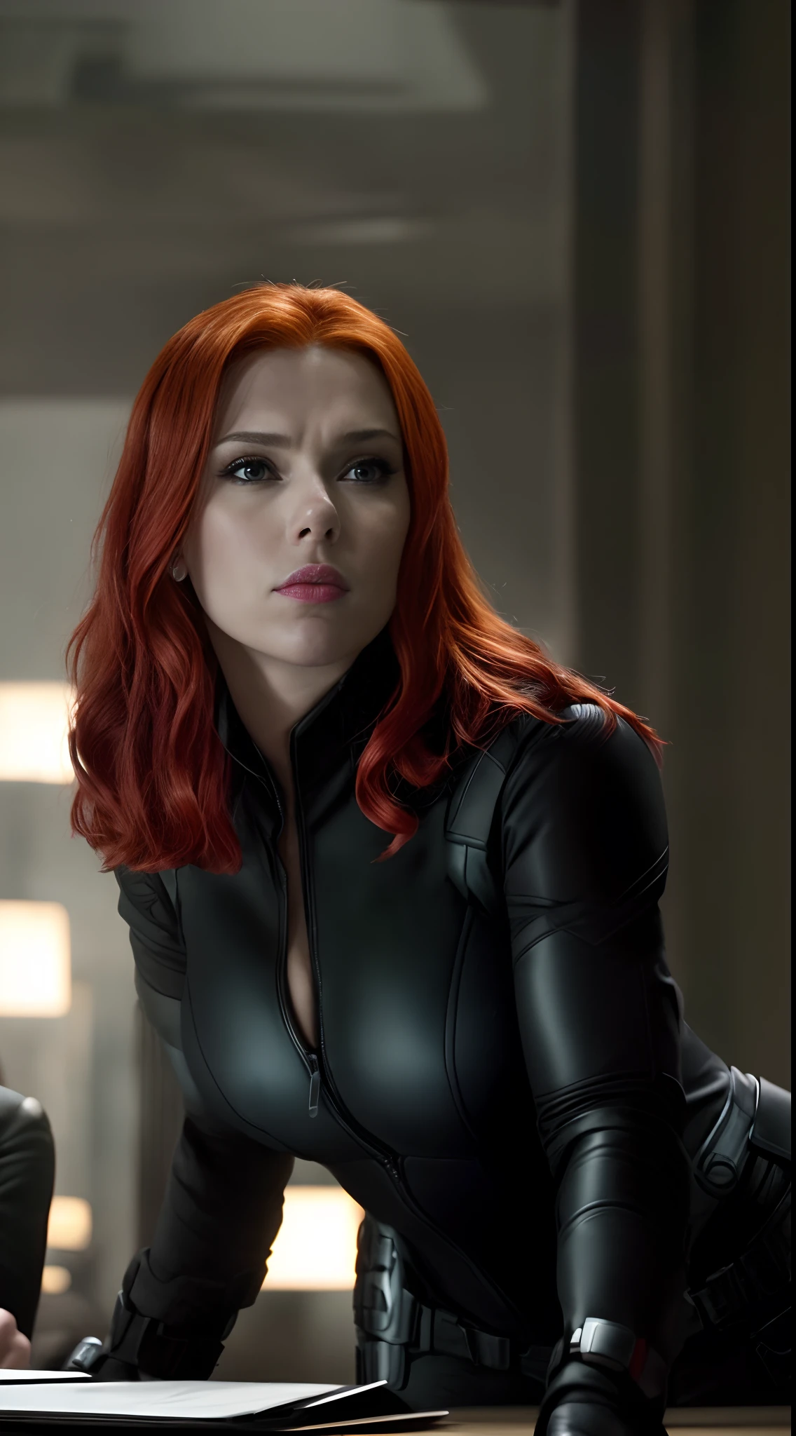arafed woman in a black bikini sitting on a desk, scarlett johansson black widow, black widow, elizabeth olsen as black widow, scarlet johansson, scarlett johanson, scarlett johansson, scarlet johansen, scarlett hooft, medium close - up ( mcu ), emma watson as black widow, she has red hair, scarlett johansson as thanos, angry scarlett johansson, jean grey, cleavage
