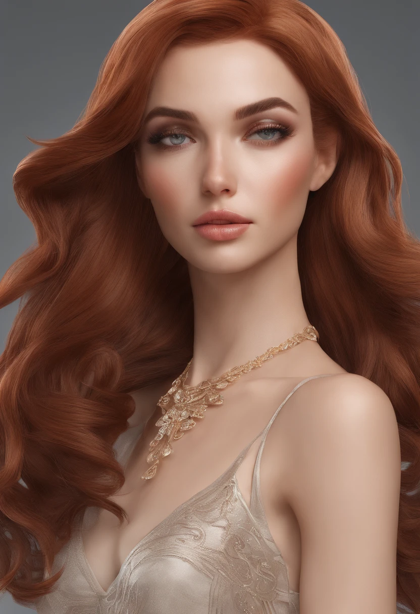 best quality, master part, (Realistic: 1.2), 1 girl,  magra, red hair, olhos castanhos, frente, Rosto detalhado, Olhos bonitos, olhos castanhos, olhos grandes, seios pequenos, clivagem, vestido longo