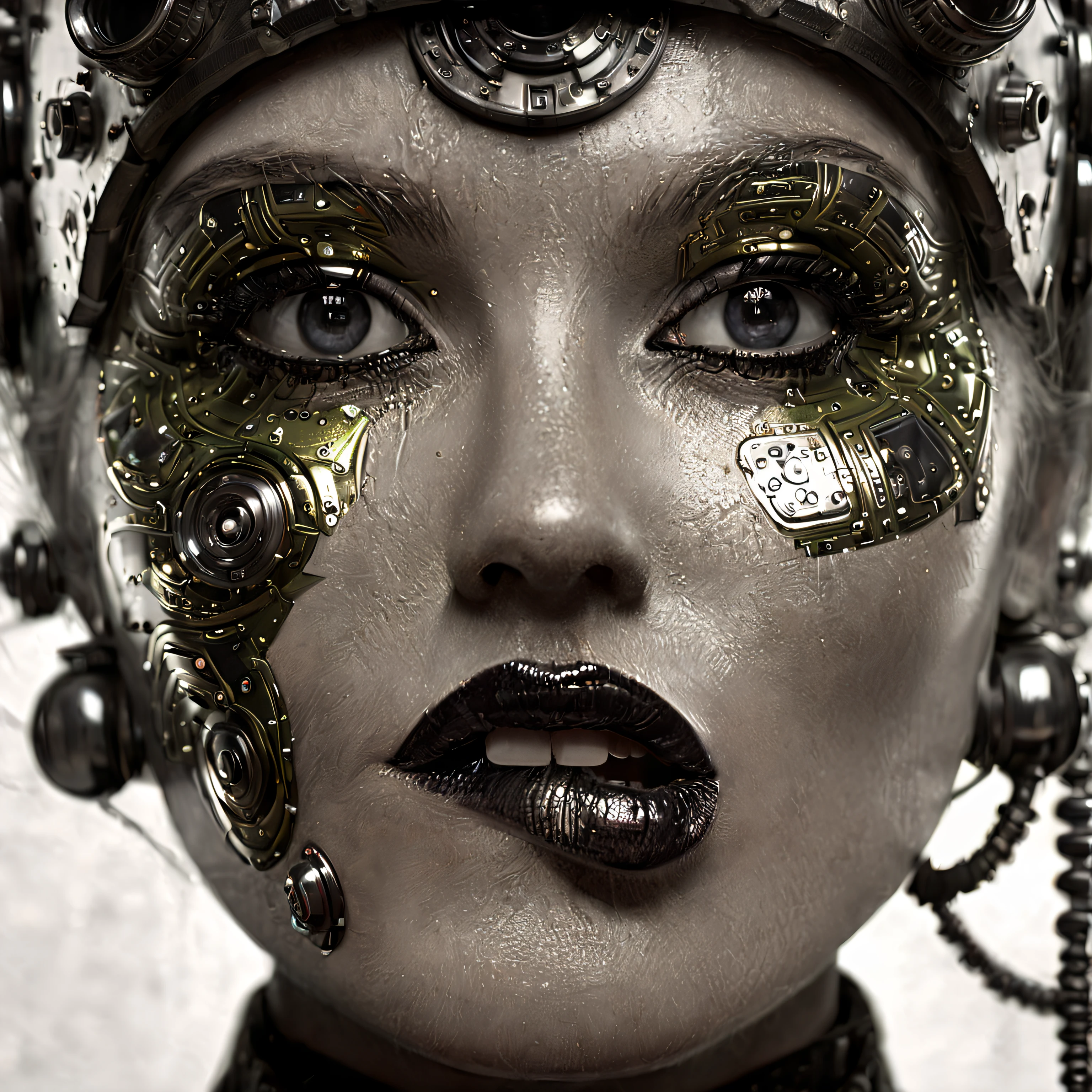 RAW photo, woman, ((lipbite:1.4)), (Masterpiece, european, Best Quality, in the style of surreal cyberpunk iconography, steelpunk, photobashing, dieselpunk. leica r8, 8k, UHD, HDR),masterpiece, best quality, highly detailed, soft lighting, beautiful detailed, insanely intricate details, intricate details, perfect lighting, incredible detail, hypermaximalistic, natural balance color, 8k, ultra detailed, beautiful and aesthetic, extremely detailed, elegant, vivid colours, atmospheric