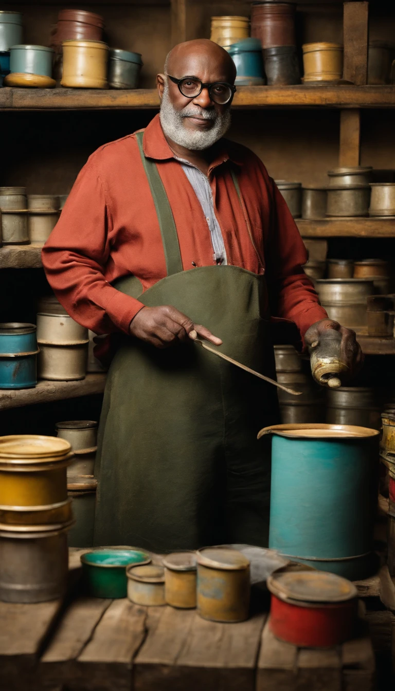 Criar homem, ?????, 58 years in front standing, bald man wearing glasses, Medium size grizzled, vestindo um avental sujo de tinta, holding a pot of paint in one hand and a cloth of ink in the other hand, In the background, there is a cabinet with several cans of paints and accessories for printing, criar a imagem no estilo Disney