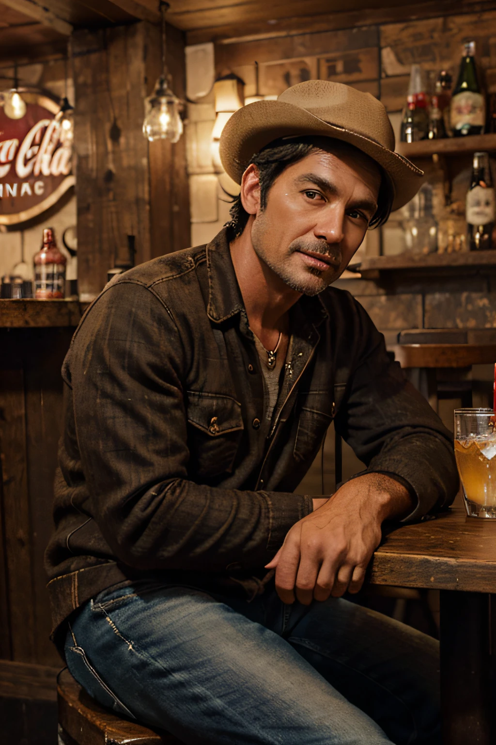 handsome rustic man with black hair, 50 years old, country singer, with typical clothes and hat, well-defined eyes, mouth and hands, sitting with a glass of coca-cola and ice on the table, in a cozy, well-lit bar with people in the background drinking
