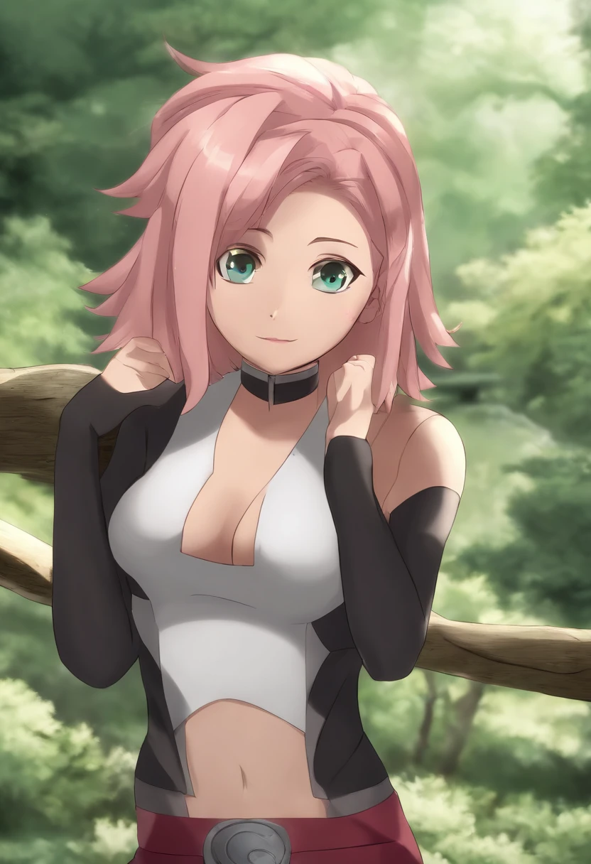 Sakura4_ascension, Boruto: Naruto Next Generations, Naruto Shippuuden , 1girl, franja, marca facial, olhos verdes, franja separada, cabelo rosa, faixa de cabelo vermelha, In a bra, short hair, sozinho, parte superior do corpo ((master part))