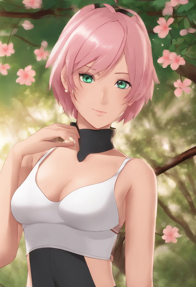 Sakura4_ascension, Boruto: Naruto Next Generations, Naruto Shippuuden , 1girl, franja, marca facial, olhos verdes, franja separada, cabelo rosa, faixa de cabelo vermelha, In a bra, short hair, sozinho, parte superior do corpo ((master part))