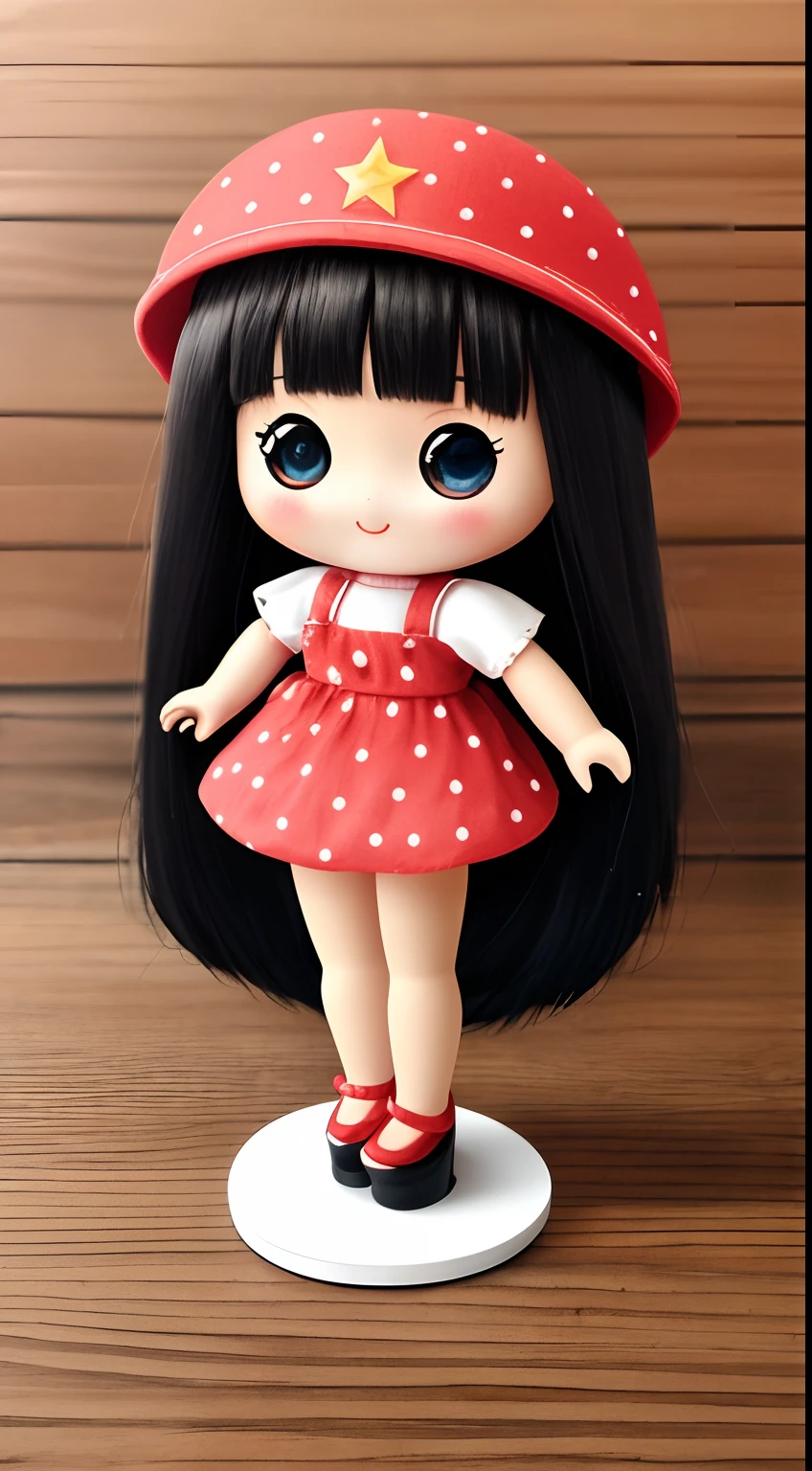 Place the small doll on a circular stand,、Allow it to be placed in a cup、A smile、Chibi Doll、Stars in the eyes(kirakira)、Raise your right hand、Eye Up、Long Black Hair、Laugh、Cute red shoes、Ultra Detail, radiant light、bio luminescent、Taken from the side、Stronger bokeh effect