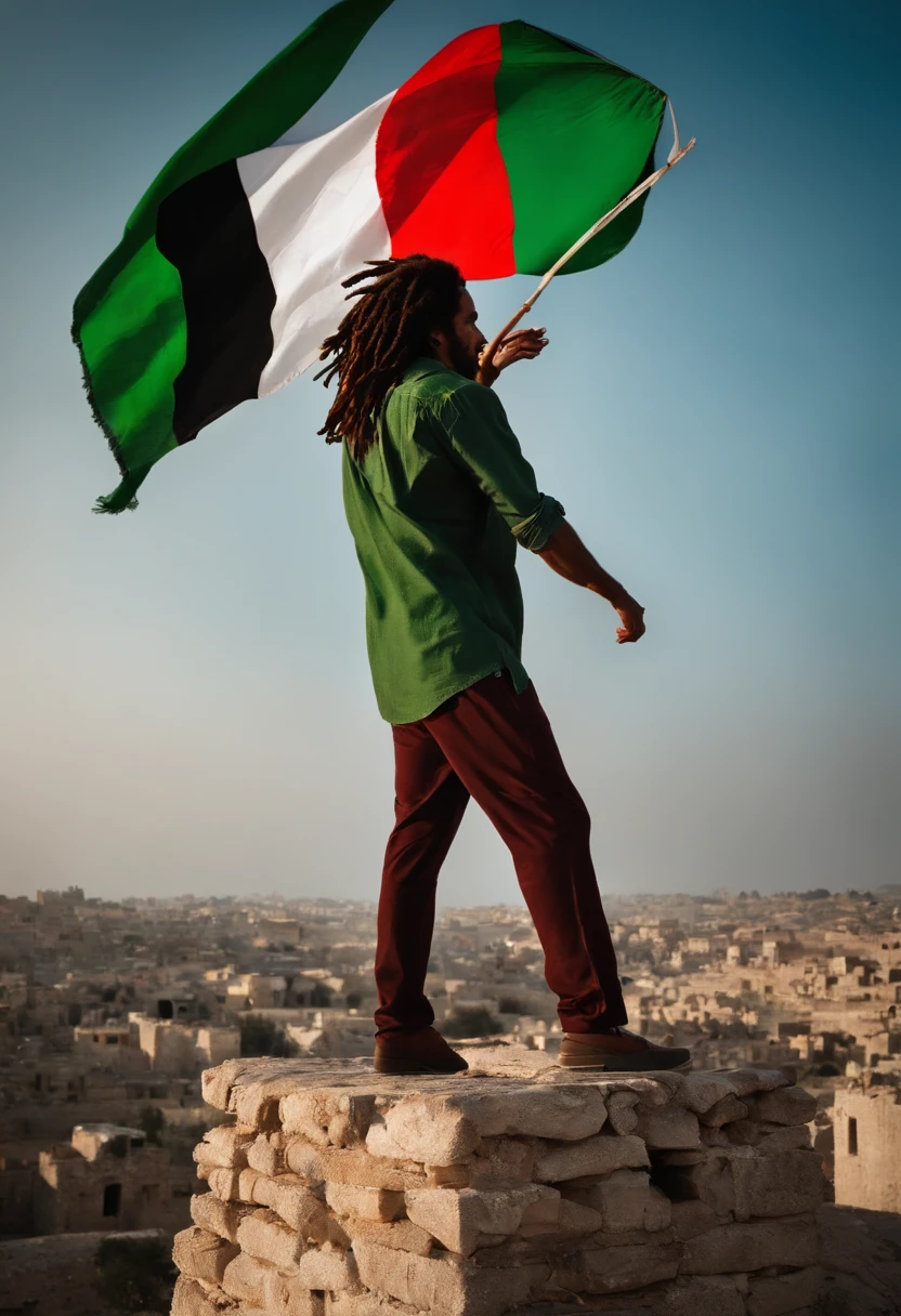 Bob Marley waves the Palestinian flag, on top of the ruins of a building