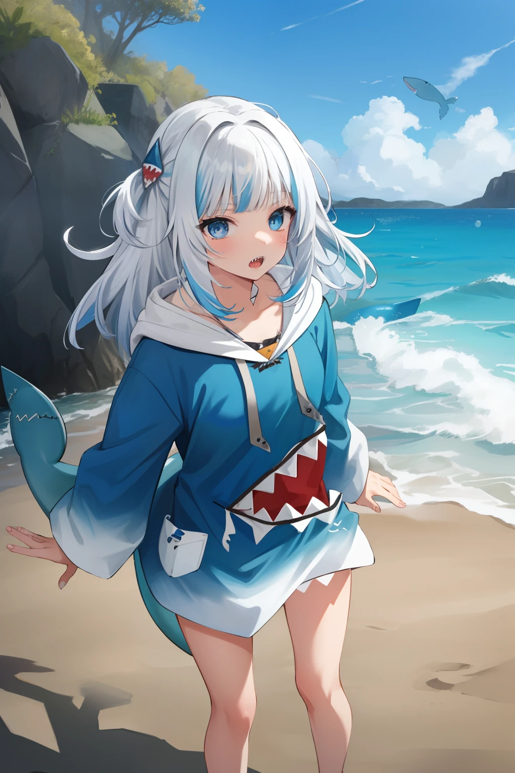 2d, masterpiece, best quality, anime, highly detailed, full body, 1young_teen_girl, solo, gura_hoodie, blue hoodie, shark hood, standing, :d, sharp teeth, in_deep_sea_background , underwater_landscape,,bubble.happy,dynamic_floating_pose,rise_hands,open_legs, naked_legs,wet,claw_pose,tail,evil_smile,