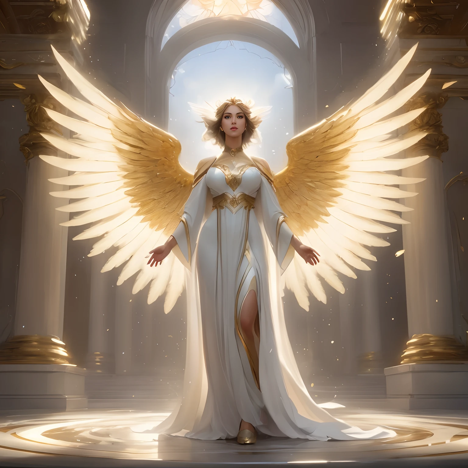 A large circle opens in the sky to reveal dozens of angels looking down at the viewer, a golden heaven is behind the angels