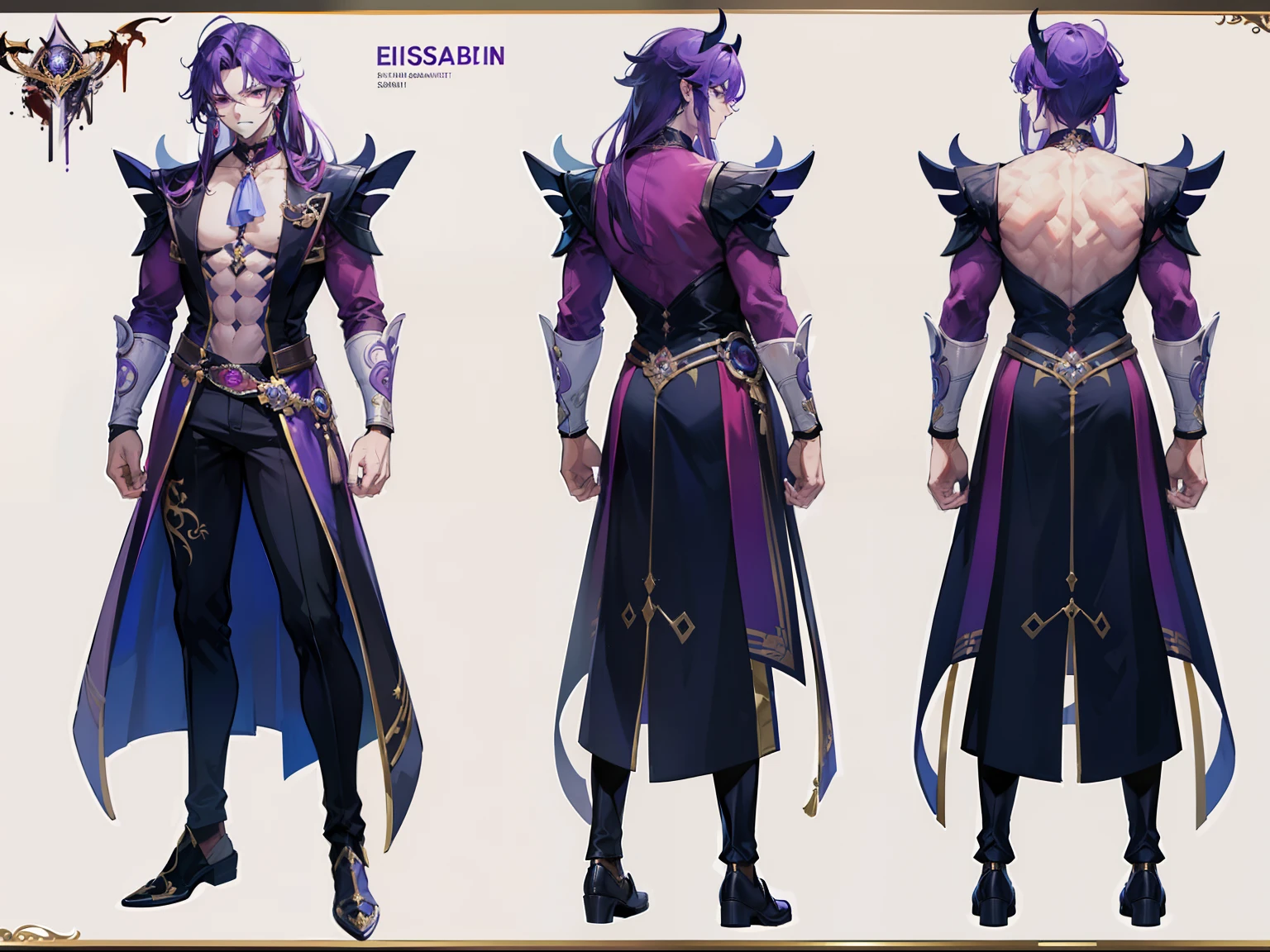 ((Masterpiece, Highest quality)), Male, boy, Detailed face, character design sheet,full body esbian, Full of details, frontal body view, back body view, Highly detailed, Depth, Many parts, Muscle boy with long purple hair,handsome man, vampire outfit clothes, Genshin Impact, man tall, pectoral muscles, abs