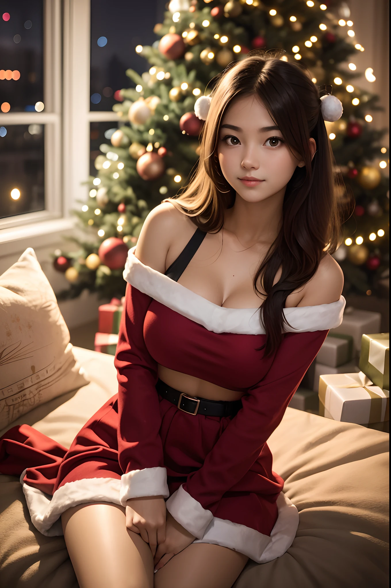 In front of a huge Christmas tree, College girl posing, night illumination