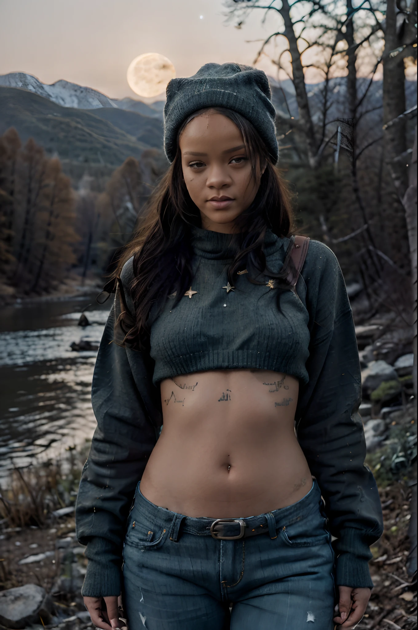 1girl, Rihanna, ((upper body happy)), masterpiece, best quality, ultra-detailed, solo, outdoors, (night), mountains, nature, (stars, moon) cheerful, happy, backpack, sleeping bag, camping stove, mountain boots, gloves, mini sweater top, bare belly, hat, flashlight, forest, rocks, river, wood, smoke, shadows, contrast, clear sky, Jeans minishort, analog style, (look at viewer:1.2), (skin texture), (film grain:1.3), (warm hue, warm tone :1.2), close up, cinematic light, sidelighting, ultra high res, best shadow, RAW, upper body, wearing pullover top.