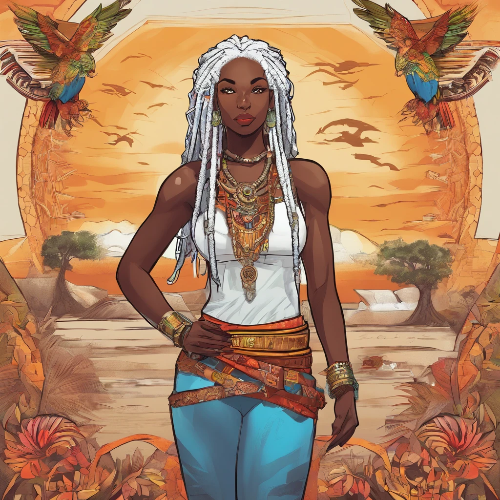 "(best quality,ultra-detailed),Ebony skin,Ebony skinned female:1.1,beautiful detailed eyes,beautiful detailed lips,white dreadlocks,thicc,tribal warrior outfit,not too strong looking,confident posture,exotic background,sharp focus,vivid colors" white dreadlocks, white hair, white dreadlocks