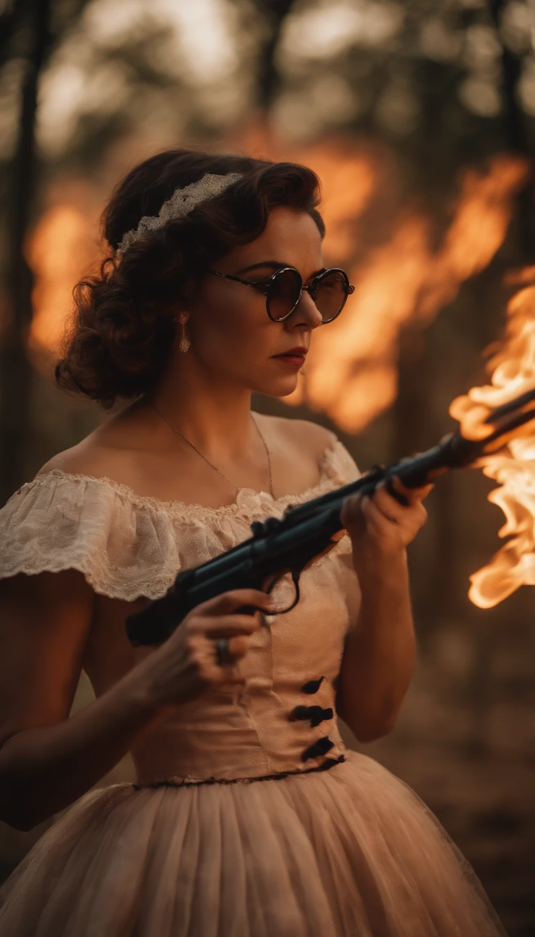 No campo de batalha da tempestade, A woman dressed in a ta costume wields a weapon infused with the power of the fire element, glasses, bottle bottom, short curled hair, skinny