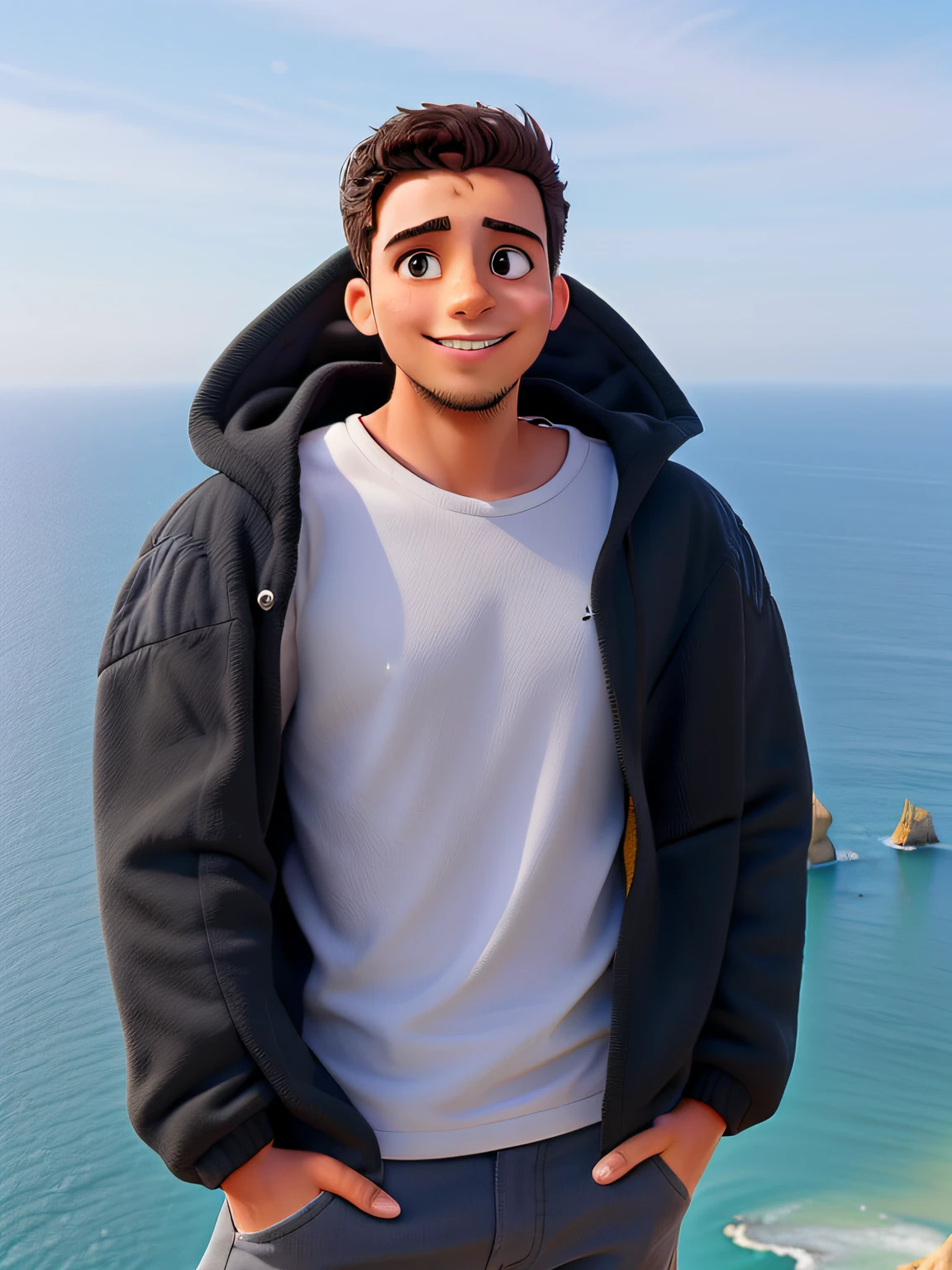 Um jovem feliz, vestindo um casaco, on top of a cliff in the Algarve, tendo como fundo o oceano.
