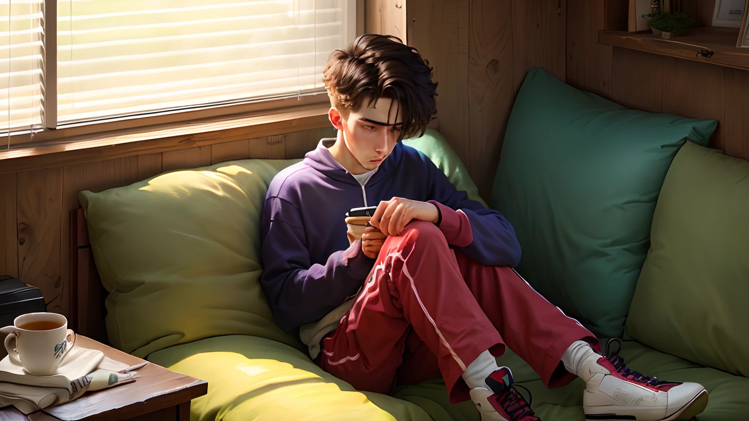 hyper realistic image of shane from stardew valley sitting on a bed by a window where it’s raining outside, with a cup of purple juice and he is wearing a joji hoodie