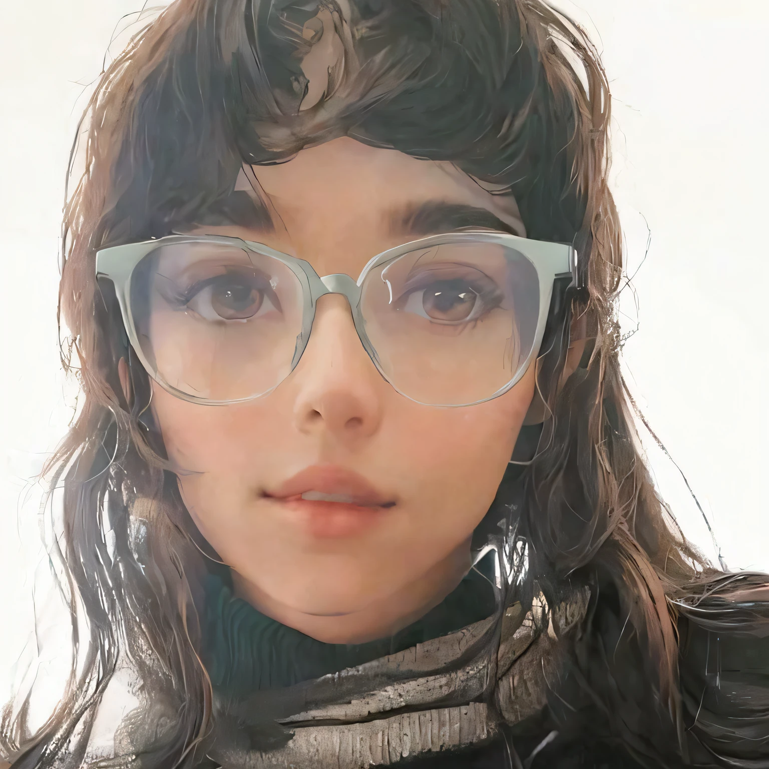 There's a woman with glasses and a turtleneck sweater, girl wearing round glasses, girl with glasses, wavy long black hair and glasses, wearing thin large round glasses, with square glasses, With eye Glasses, foto de perfil headshot, Alanis Guillen, with glasses on, com franja, com franja completa, wearing square glasses, thick glasses, with black eyeglasses