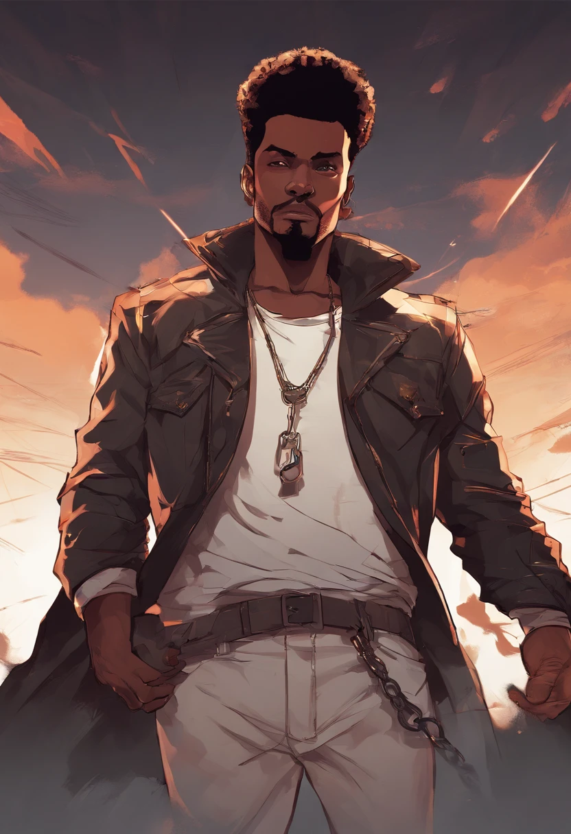 (foco frontal),Anime - style illustration of a man with a brown jacket, white t-shirt and chain around his waist, "(best quality,ultra-detalhado),detailed right hand,(Luva sem dedos,Gloved hands), | | |, personagem de anime masculino, Fundo da cidade, Sunset gradient background, Corte de cabelo afro curto, Homem negro, Jovem afro-americano