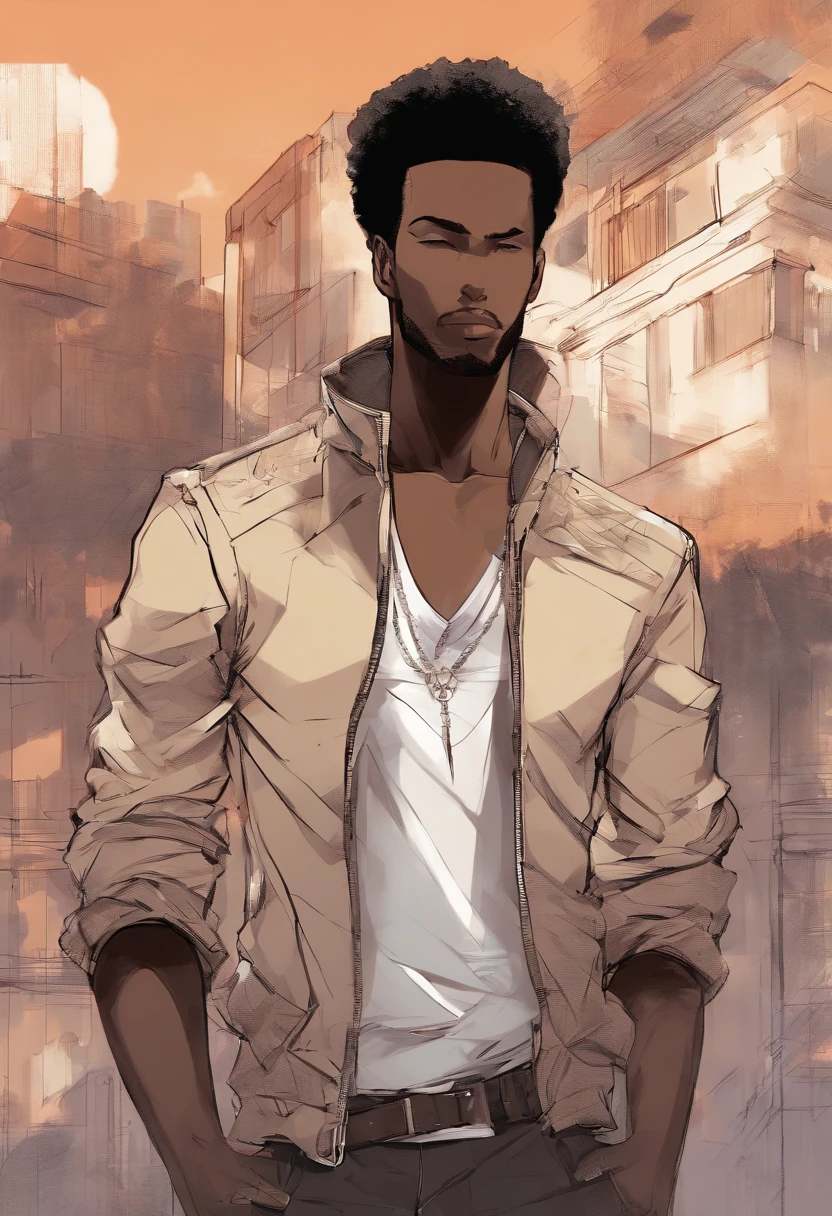 ((arte estilo anime)), imagem superior, angulo de cima para baixo, personagem masculino negro careca com cavanhaque extremamente musculoso, corpo de bodybuilder, wearing a long-sleeved blouse with hood covering the head, Character is leaning against a wall with his hands in his pockets, Scenery of the Urban Center, rua movimentada, constructions, pessoas e veiculos. Personagem protagonista de anime, imagem bonita, disco Rigido, 4k, Protagonist character leaning against a wall with his hands in his pockets, (((imagem angulo superior)))
