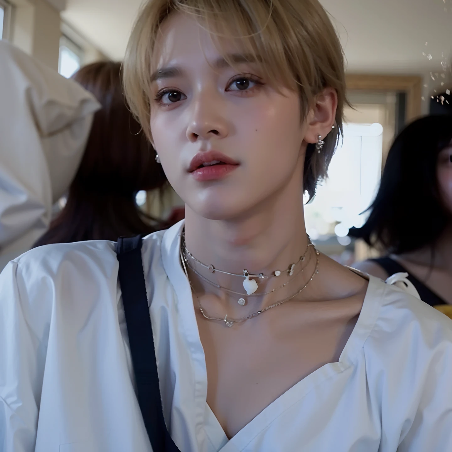 Boy araffed with a white shirt and a white bird on his shoulder, Jimin\Nariz grego, Jimin, Jimin\'s right eyelid swollen, Cai Xukun, Jimin\Plump lips, delicate androgynous prince, Rosto Jimin preciso, Jungkook, Parque Jimin, inspirado em Bian Shoumin, Beautiful androgynous prince, Taehyung comendo batatas fritas Gucci