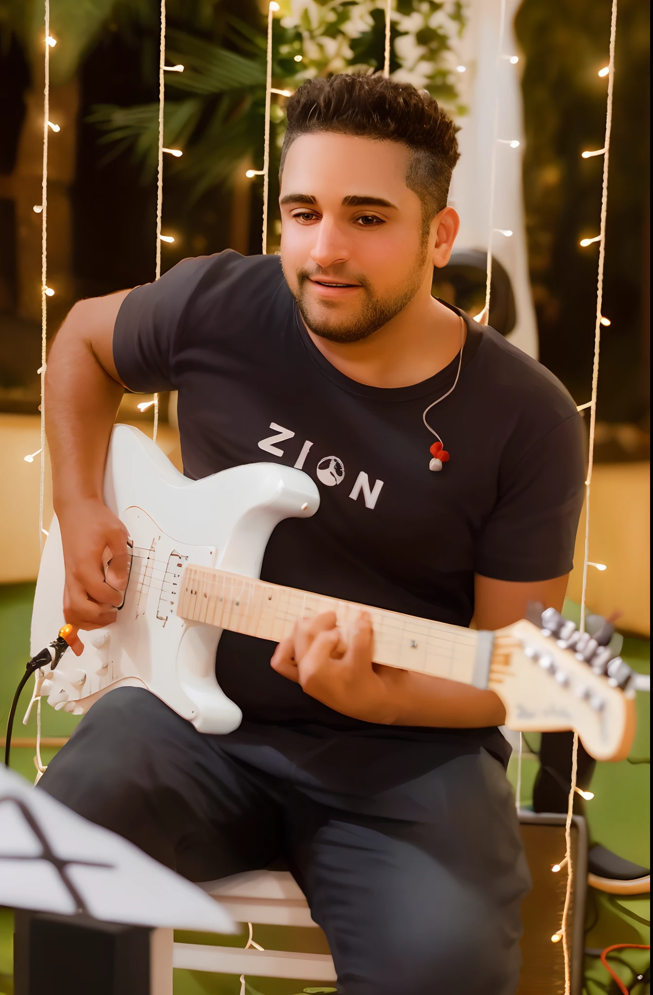 Imagem personagem pixar. Homem com caleo grisalho e franja. tocando teclado. Bamda musical ao fundo com uma cruz na parede