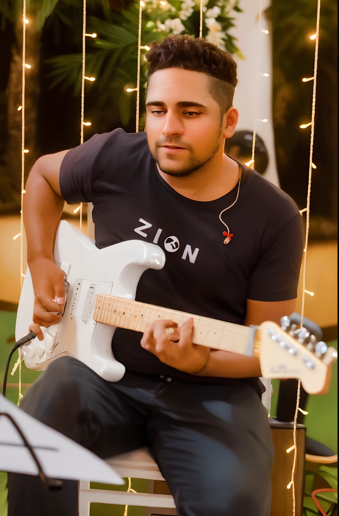 Imagem personagem pixar. Homem com caleo grisalho e franja. tocando teclado. Bamda musical ao fundo com uma cruz na parede
