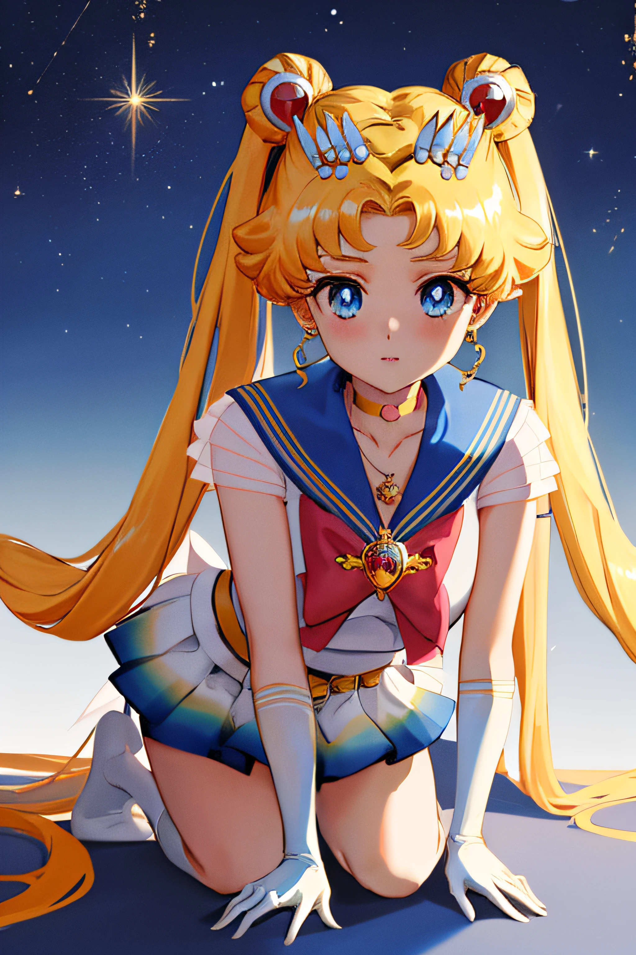 masterpiece, best quality, high resolution, 1 girl, solo, sailor senshi uniform, SMMoon, 1990s \(style\), blonde hair, magical girl, blue eyes, blue skirt, elbow-length gloves, tiara, pleated skirt , blue sailor necklace, miniskirt, choker, blue choker, white gloves, very long hair, jewelry, earrings, KNEELING ON THE FLOOR, HANDS ON THE FLOOR, (IN DOGGY STYLE POSITION), BACK TO THE CAMERA.  CLOSE UP ASS