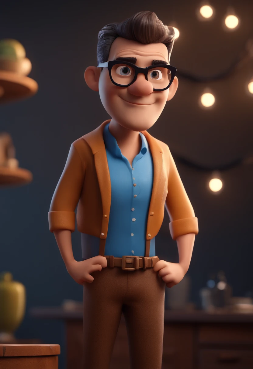 Cartoon character of a man with black glasses and a blue shirt, animation character, Caractere estilizado, animation style rendering, 3D estilizado, Arnold Maya render, 3 d render stylized, toon render keyshot, Personagem 3D, Personagem 3D, 3d rendering stylized, 3 d character render, personagem de desenho animado, Personagem de close up, Pose de personagem,  (Estilo Pixar) (master part:1.2) (Bokeh) (best quality) (pele detalhada) (textura detalhada) (8k) (argila) (Cinematic lighting) (foco nítido