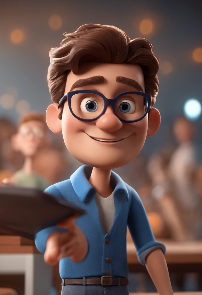Cartoon character of a man with black glasses and a blue shirt, animation character, Caractere estilizado, animation style rendering, 3D estilizado, Arnold Maya render, 3 d render stylized, toon render keyshot, Personagem 3D, Personagem 3D, 3d rendering stylized, 3 d character render, personagem de desenho animado, Personagem de close up, Pose de personagem,  (Estilo Pixar) (master part:1.2) (Bokeh) (best quality) (pele detalhada) (textura detalhada) (8k) (argila) (Cinematic lighting) (foco nítido