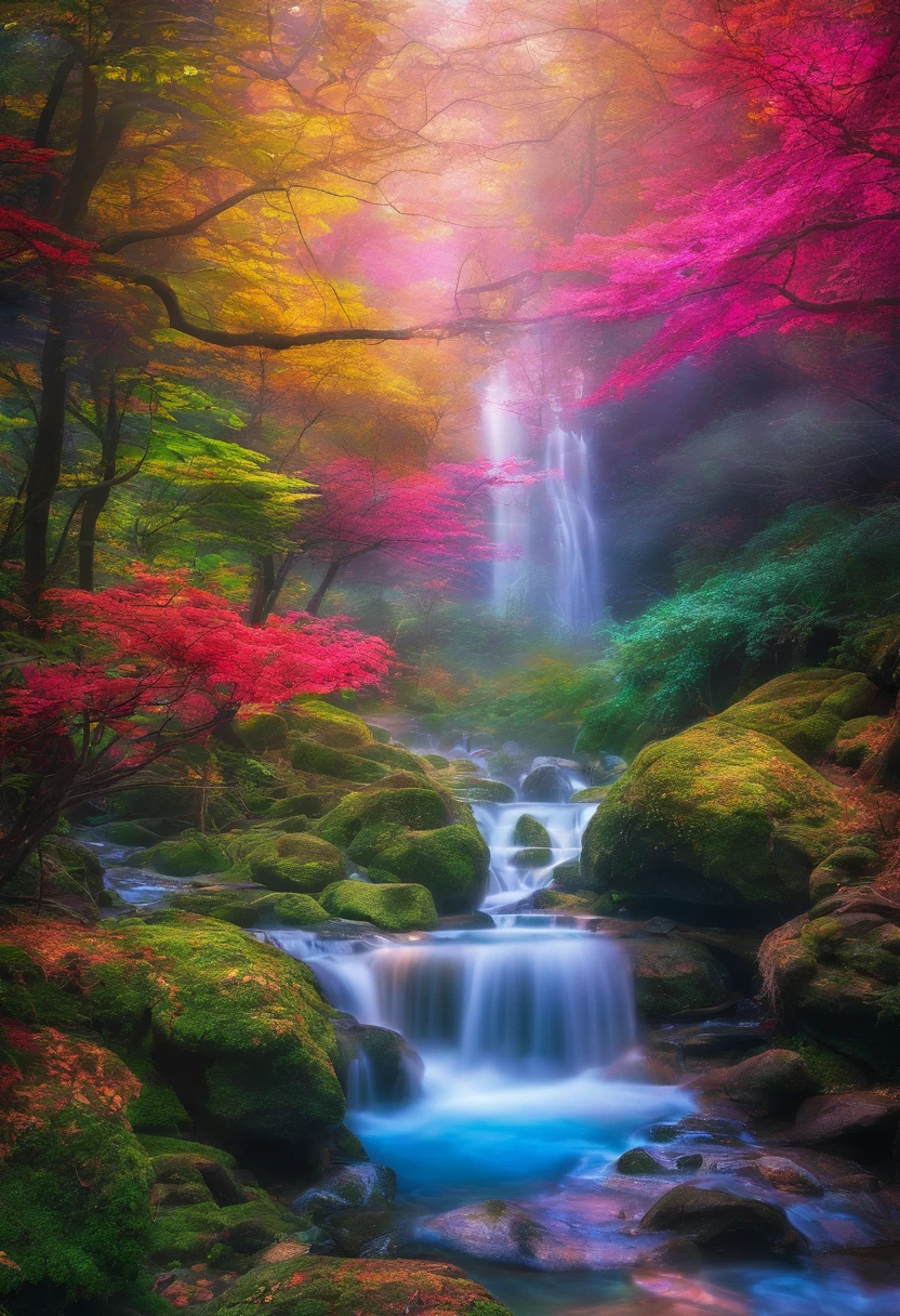 Photo taken from a distance on the path leading to the waterfall, blossoming path to heaven, Beautiful and mysterious, Beautiful fece, Beautiful images ever created, magical landscape, Glowing swirling mist, Truly beautiful nature, magical colors and atmosphere, Very beautifully、Ethereal, course, magical colors and atmosphere, very magical and dreamy, stairway to heaven, amazing wallpapers