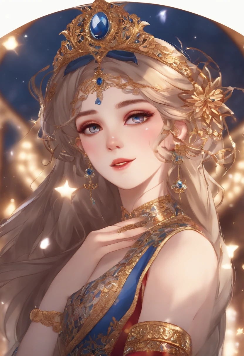 (master part, best quality, Altas, ultra-detalhado, 8k, 4k), Livro de arte, anime coloring, CG, illustration , fantasia, MKSKS ,1girl, sozinho, brinco, Gargantilha, background is a huge ornate circular pattern, sorrir, feliz olhando para o espectador, fireworks, Estrelas, Noite, ao ar livre, (Dutch angle), fechar para cima, foco facial, parte superior do corpo, Yoimiya (Impacto Genshin)
