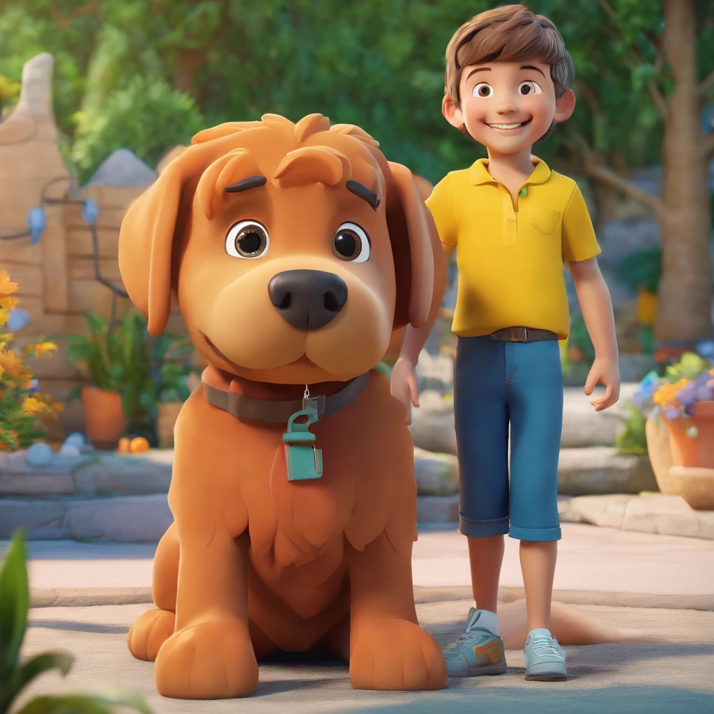 Lucas is a smiling 10-year-old human boy, com seu fiel amigo, Bolt, o cachorro, daschund,deitados no jardim.
