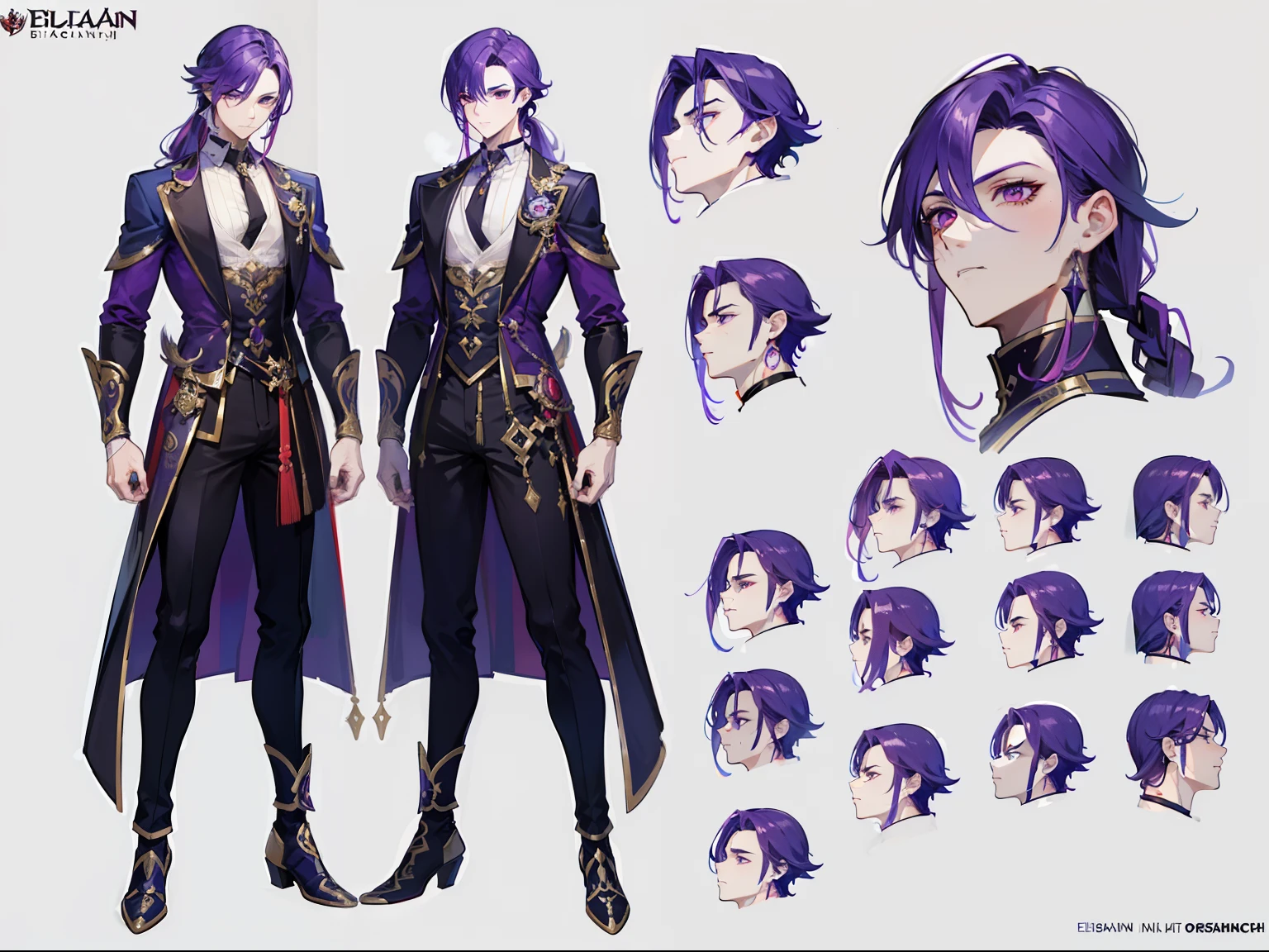 ((Masterpiece, Highest quality)), Male, boy, Detailed face, character design sheet,full body esbian, Full of details, frontal body view, back body view, Highly detailed, Depth, Many parts, Muscle boy with long purple hair,handsome man, vampire outfit clothes, Genshin Impact, man tall, pectoral muscles, abs