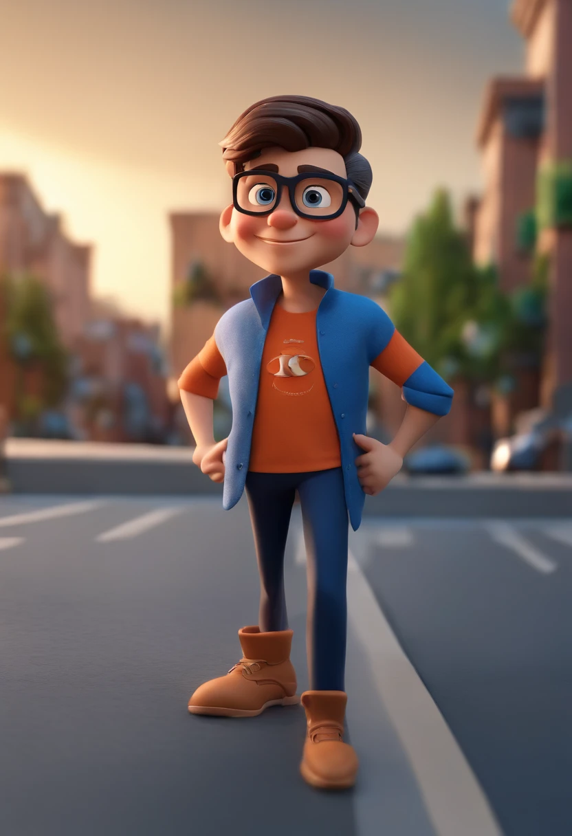 Cartoon character of a man wearing black glasses and a blue shirt, um personagem animado, Caractere estilizado, animation style rendering, 3D estilizado, Arnold Maya render, 3 d render stylized, toon render keyshot, Personagem 3D, Personagem 3D, 3d rendering stylized, 3 d character render, personagem de desenho animado, Personagem de close up, Pose de personagem, (Estilo Pixar) (master part:1.2) (Bokeh) (best quality) (pele detalhada) (textura detalhada) (8k) (argila) (Cinematic lighting) (foco nítido,Senta e vaza a parte superior do corpo