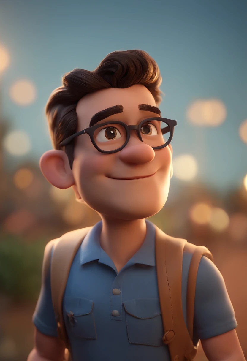 Cartoon character of a man wearing black glasses and a blue shirt, um personagem animado, Caractere estilizado, animation style rendering, 3D estilizado, Arnold Maya render, 3 d render stylized, toon render keyshot, Personagem 3D, Personagem 3D, 3d rendering stylized, 3 d character render, personagem de desenho animado, Personagem de close up, Pose de personagem, (Estilo Pixar) (master part:1.2) (Bokeh) (best quality) (pele detalhada) (textura detalhada) (8k) (argila) (Cinematic lighting) (foco nítido,Senta e vaza a parte superior do corpo