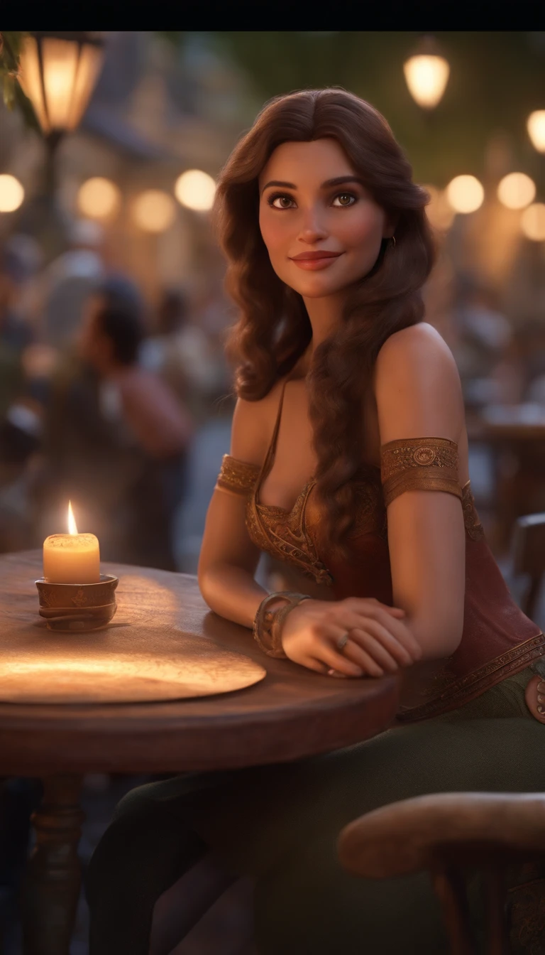Creating a Pixar-style poster: A woman with tatoos on neck drawed a heart wuth wings, al body tatoo, long brown hair, brown eyes, fair skin, exuding a gypsy aura, performs a tarot reading at a round table in a café on a Parisian street, featuring the Disneyland in the background. 3 d character render, personagem de desenho animado, Personagem de close up, Pose de personagem, (Estilo Pixar) (master part:1.2) (Bokeh) (best quality) (pele detalhada) (textura detalhada) (8k) (argila) (Cinematic lighting) Personagem 3D, Personagem 3D
