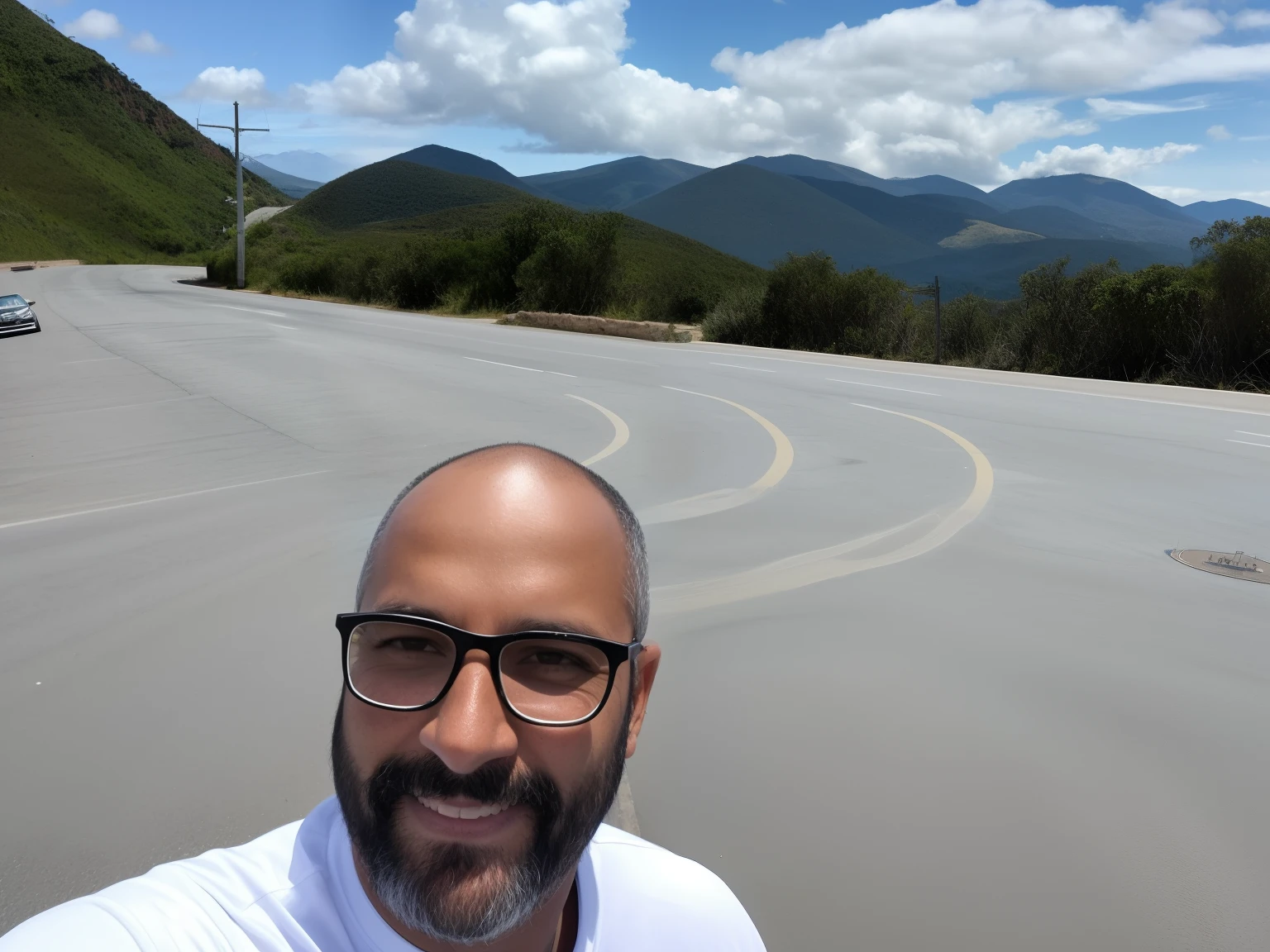 there is a man that is taking a selfie in the street, com montanhas ao fundo, com montanhas no fundo, Moutain no fundo, com montanhas como pano de fundo, Colinas ao fundo, em frente a uma montanha, montanha ao fundo, com a terra ao fundo, Montanhas ao fundo, com montanhas ao longe, algumas montanhas ao fundo