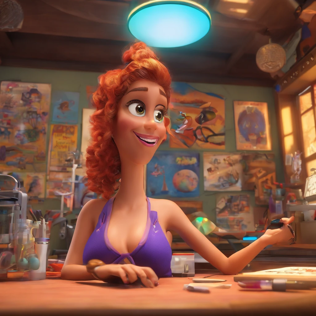 create a 3D movie poster inspired by Disney Pixar, The scene should be in Pixar's signature digital art style, com uma imagem caricatural que lembra a cantora brasileira "Anita" in the prone position, Wearing a bikini while a tattoo artist is sitting tattooing with a giant ring on one hand, inside a tattoo parlor.