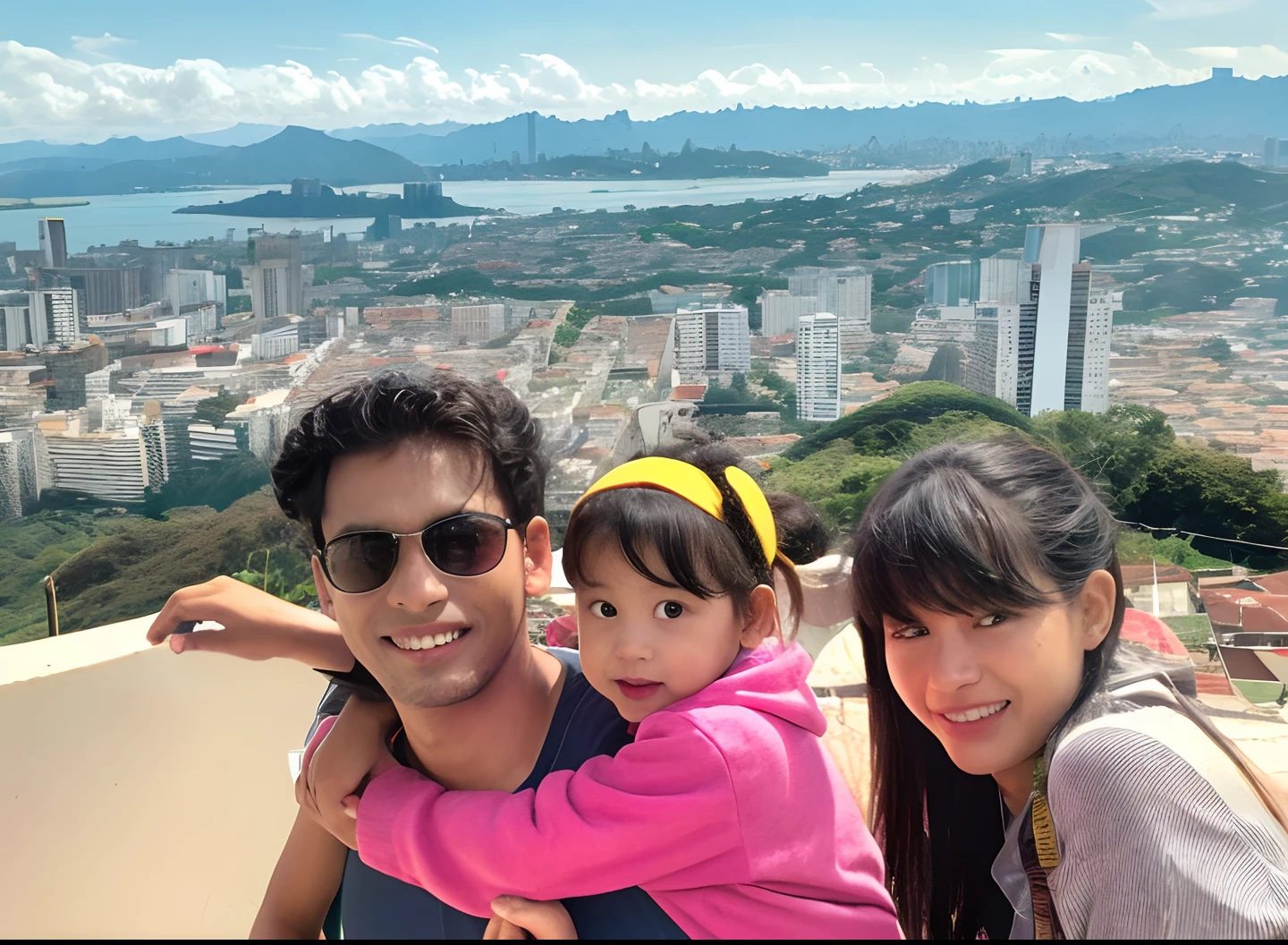 Familia em foto no alto de morro com vista pra cidade