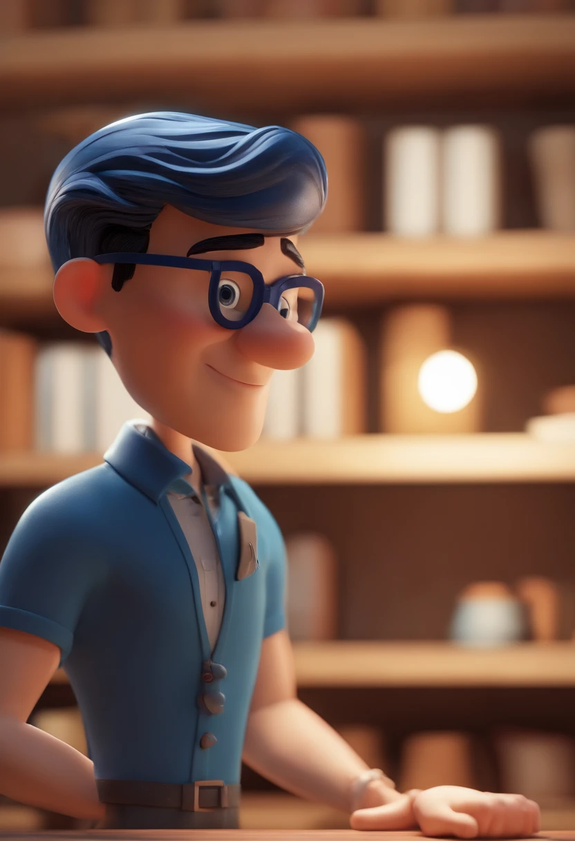 Cartoon character of a man wearing black glasses and a blue shirt, um personagem animado, Caractere estilizado, animation style rendering, 3D estilizado, Arnold Maya render, 3 d render stylized, toon render keyshot, Personagem 3D, Personagem 3D, 3d rendering stylized, 3 d character render, personagem de desenho animado, Personagem de close up, Pose de personagem, (Estilo Pixar) (master part:1.2) (Bokeh) (best quality) (pele detalhada) (textura detalhada) (8k) (argila) (Cinematic lighting) (foco nítido，Senta e vaza a parte superior do corpo