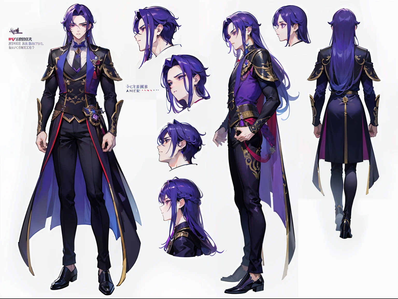 ((Masterpiece, Highest quality)), Male, boy, Detailed face, character design sheet， full bodyesbian, Full of details, frontal body view, back body view, Highly detailed, Depth, Many parts, Muscle boy with purple long hair，handsome man, vampire outfit clothes, Genshin Impact, man tall