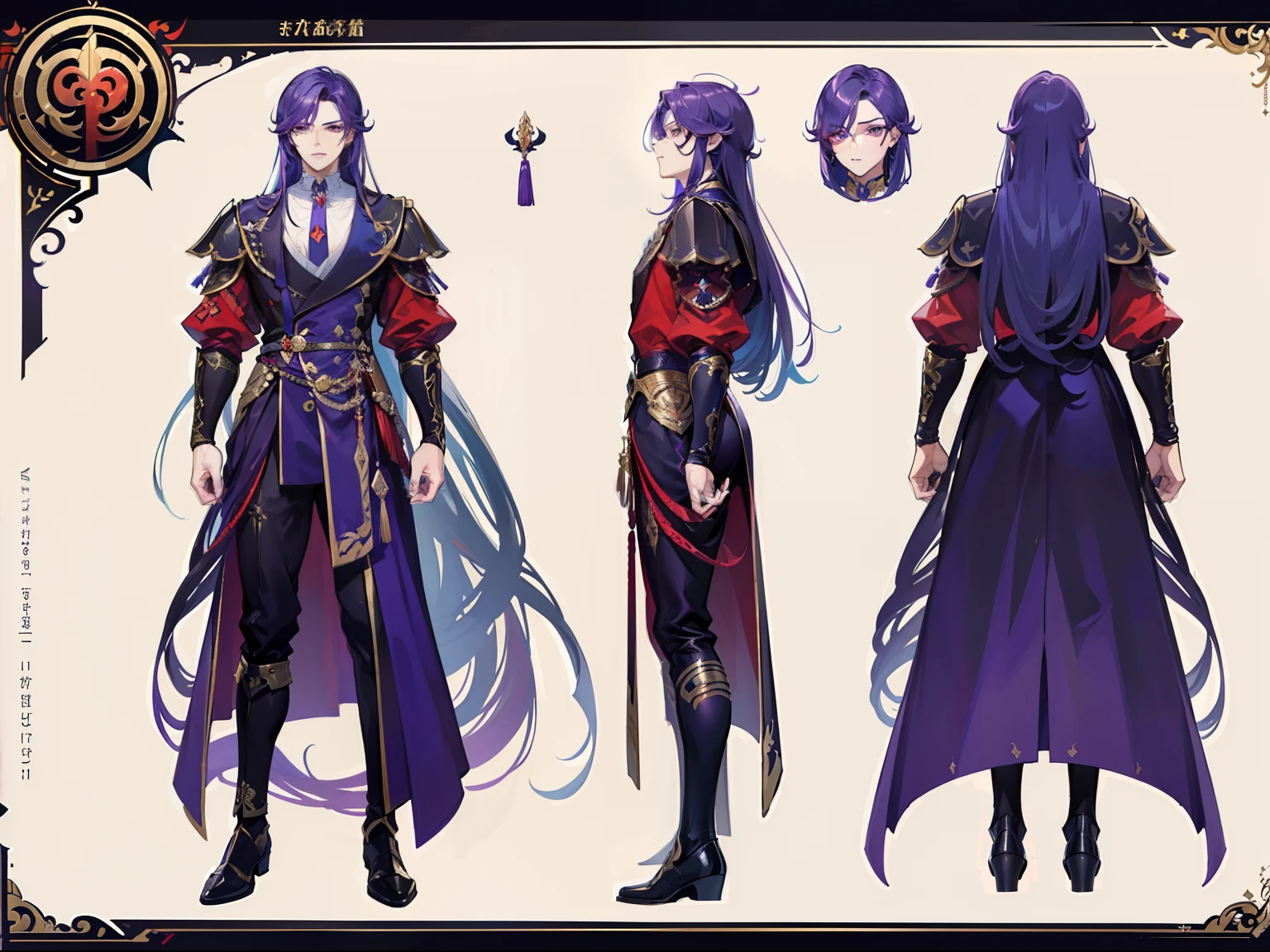 ((Masterpiece, Highest quality)), Male, boy, Detailed face, character design sheet， full bodyesbian, Full of details, frontal body view, back body view, Highly detailed, Depth, Many parts, Muscle boy with long purple hair with long bangs，handsome man, muscle body, vampire outfit clothes, Genshin Impact, man tall